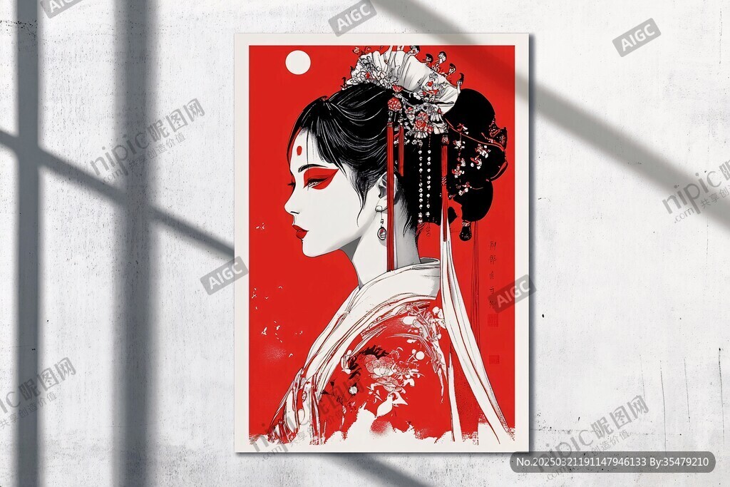 红色艺妓 传统妆容 精致头饰 华美服饰 墙面装饰 艺术插画 文化象征 女性优雅 历史人物 复古风格