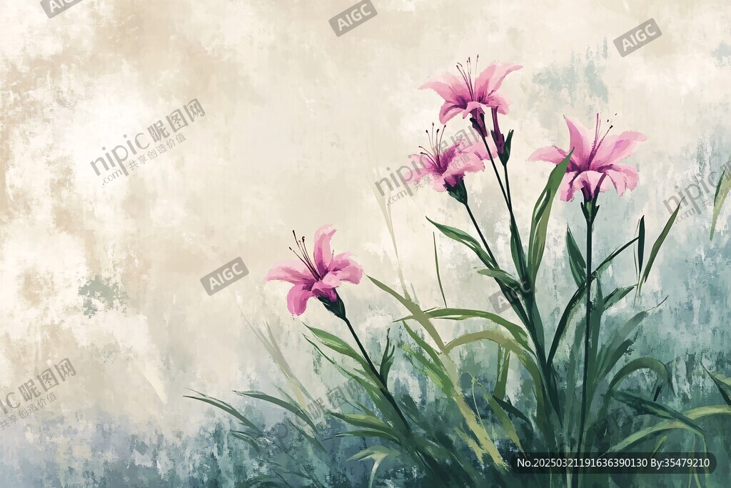 粉色百合花与绿叶的油画作品
