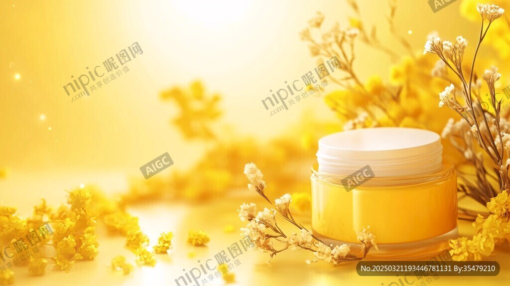 金黄色的护肤品与自然之花