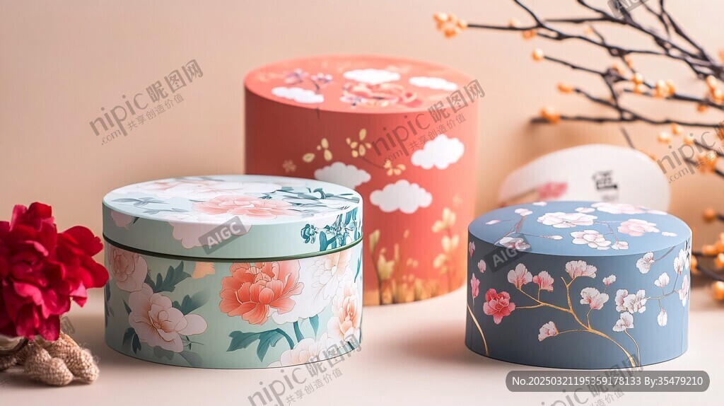 彩色花卉图案圆形包装盒