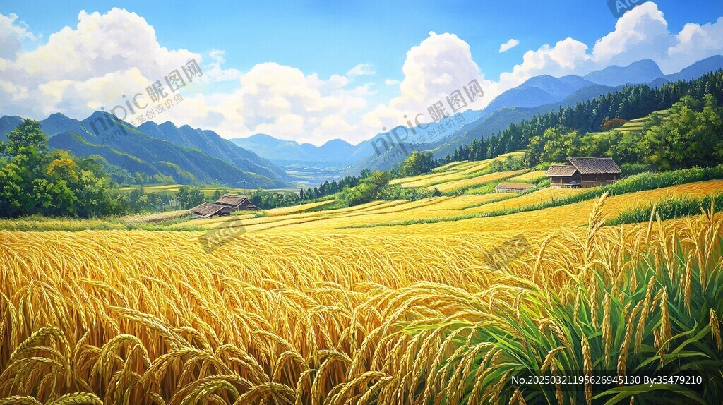 金色麦田与山谷小屋