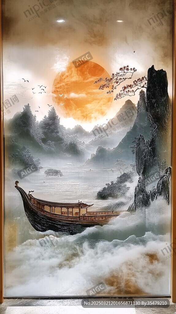 山水画中的小船与圆月