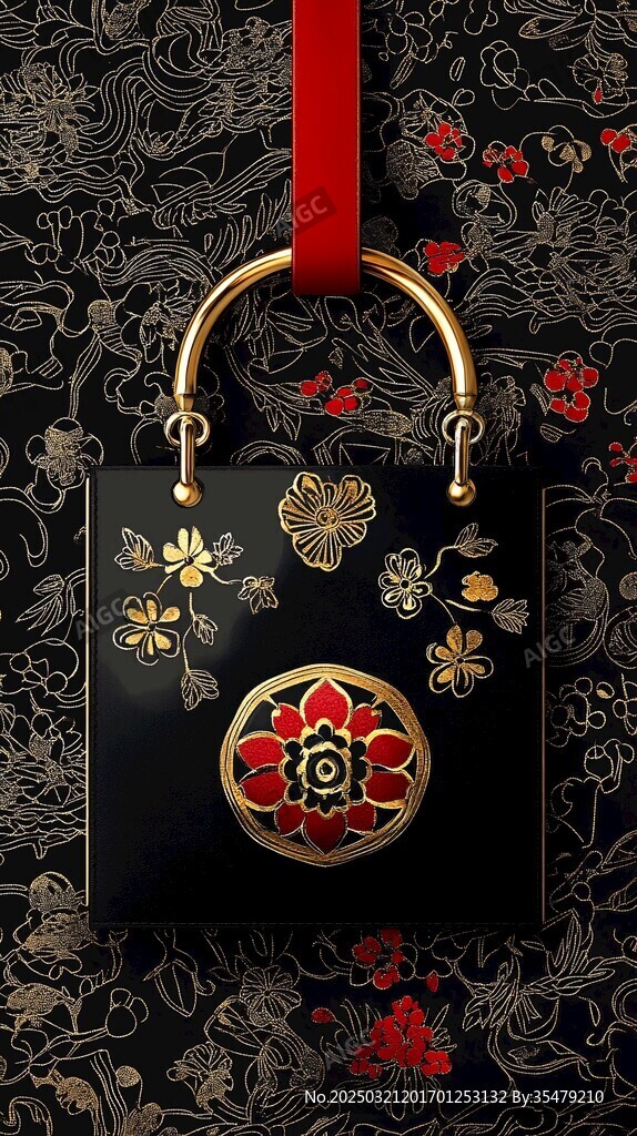 黑金红花手提包