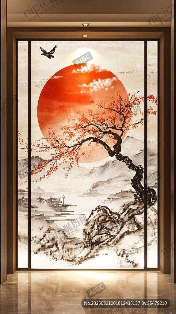 红月映照梅花山水