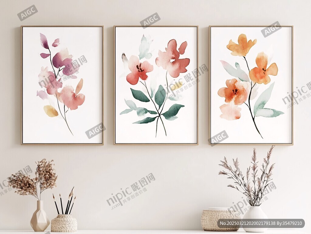 水彩花卉三联画