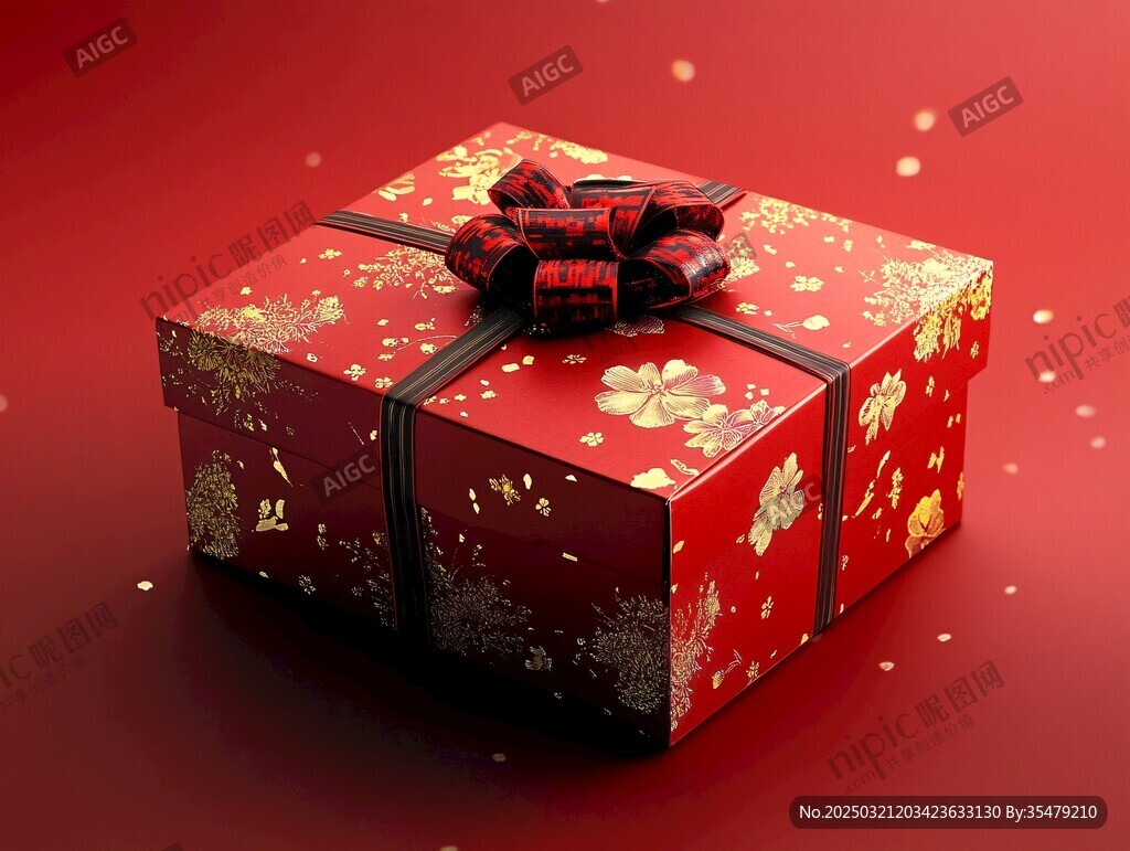 红色礼盒 金色花纹 红色蝴蝶结
