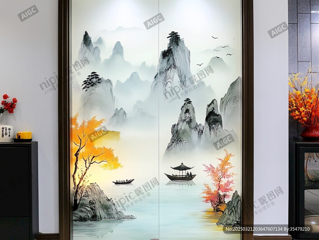 山水画玻璃门装饰