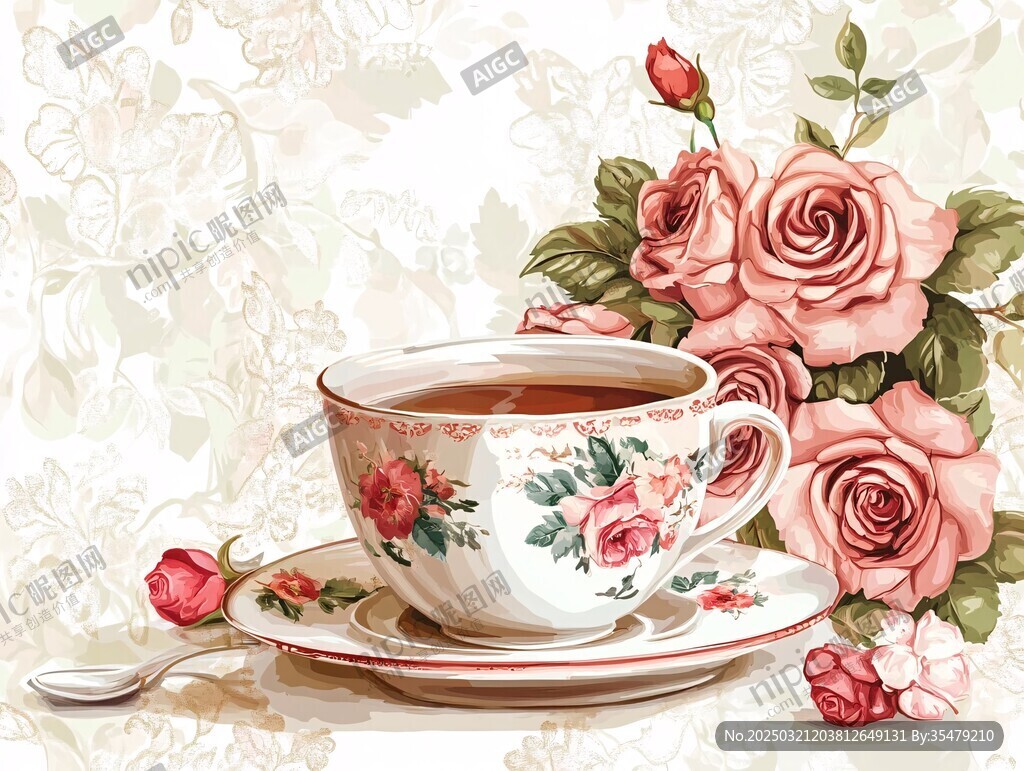 复古茶杯与玫瑰花束