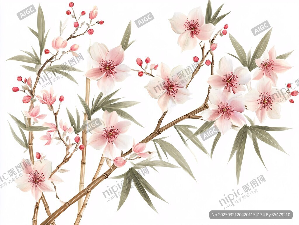 春日里 桃花与竹叶共舞