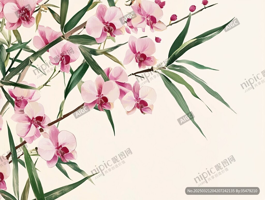 粉色蝴蝶兰与绿叶艺术画