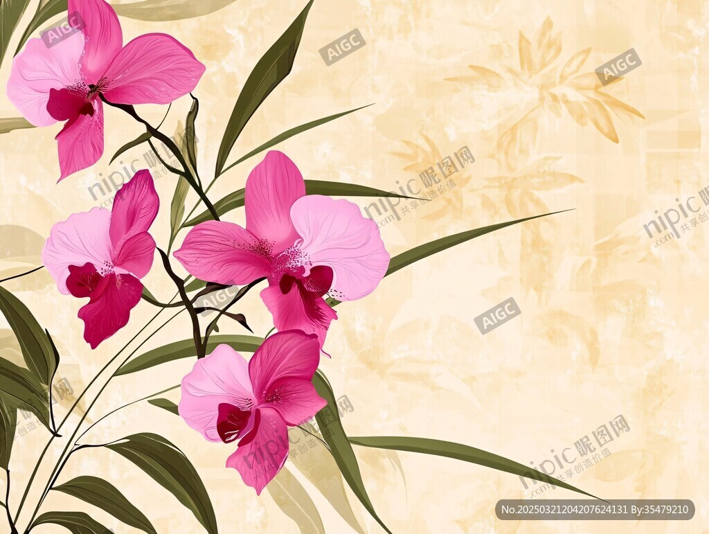 粉色兰花与竹叶的艺术画作