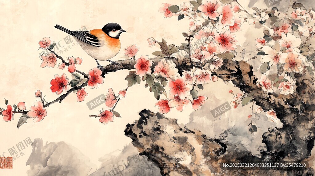 春鸟桃花图