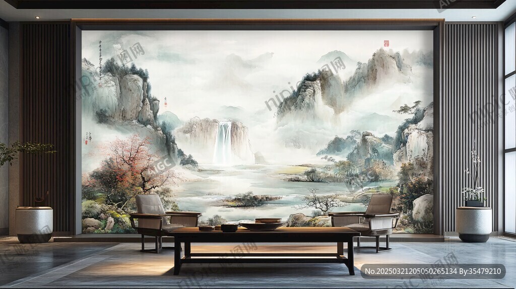 中国风山水画壁画