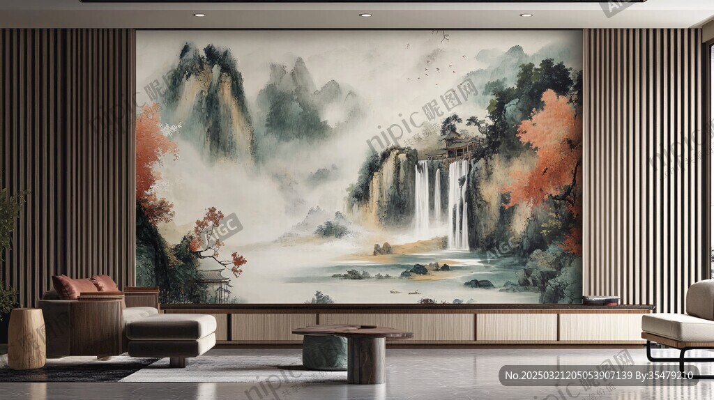 中国风山水画壁画