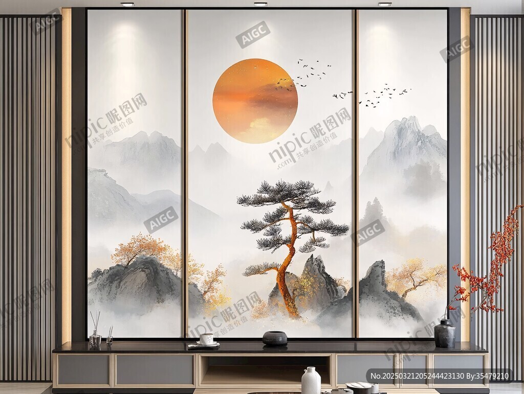 山水画中的松树和太阳