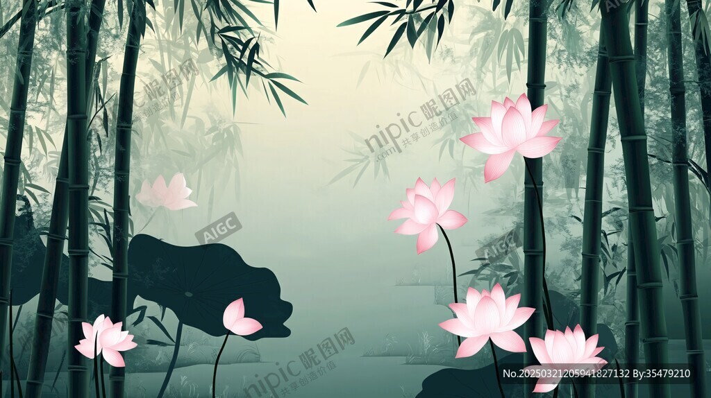 竹影荷花