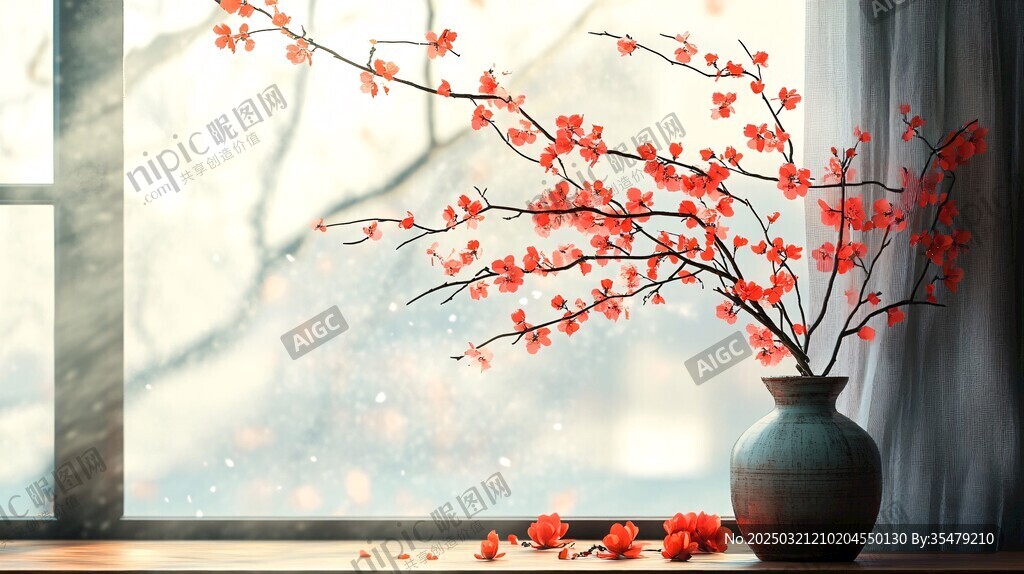 窗台上的红梅与飘落的花瓣