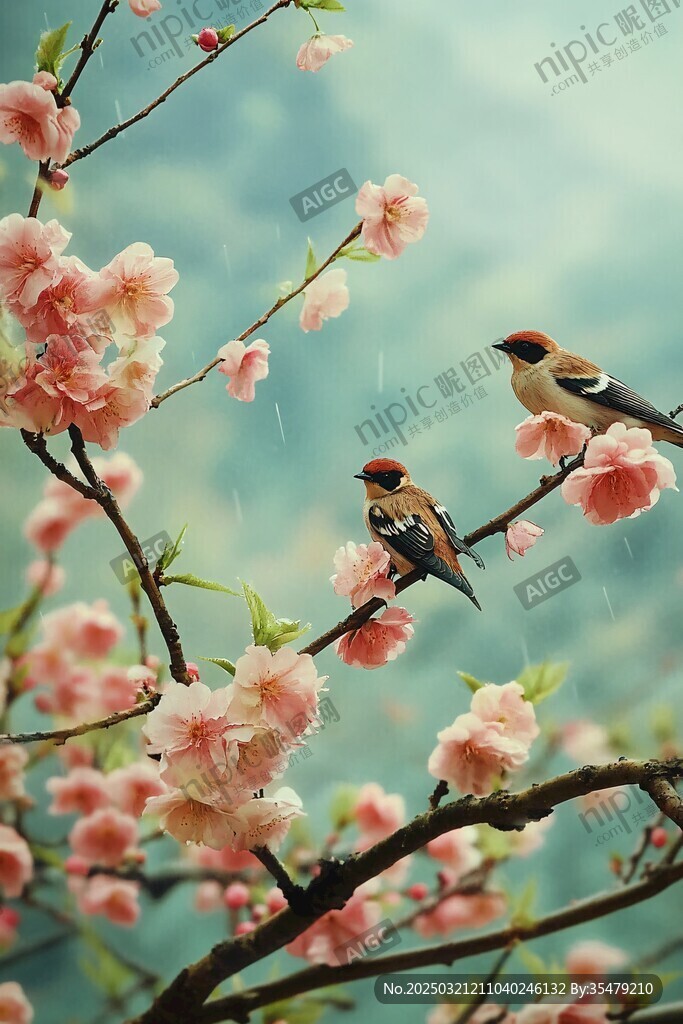 春雨中的桃花与小鸟