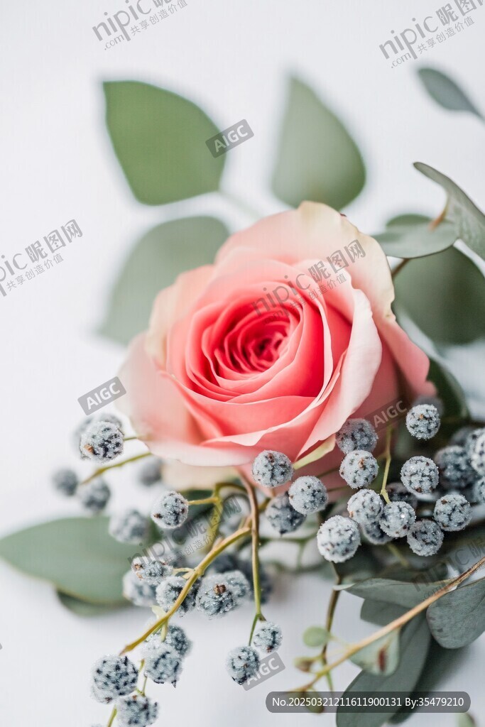 绚烂玫瑰 银色浆果 绿叶静卧白色