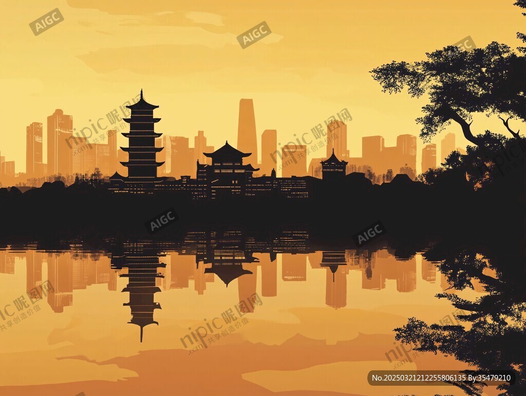 夕阳下的城市天际线与传统建筑倒影