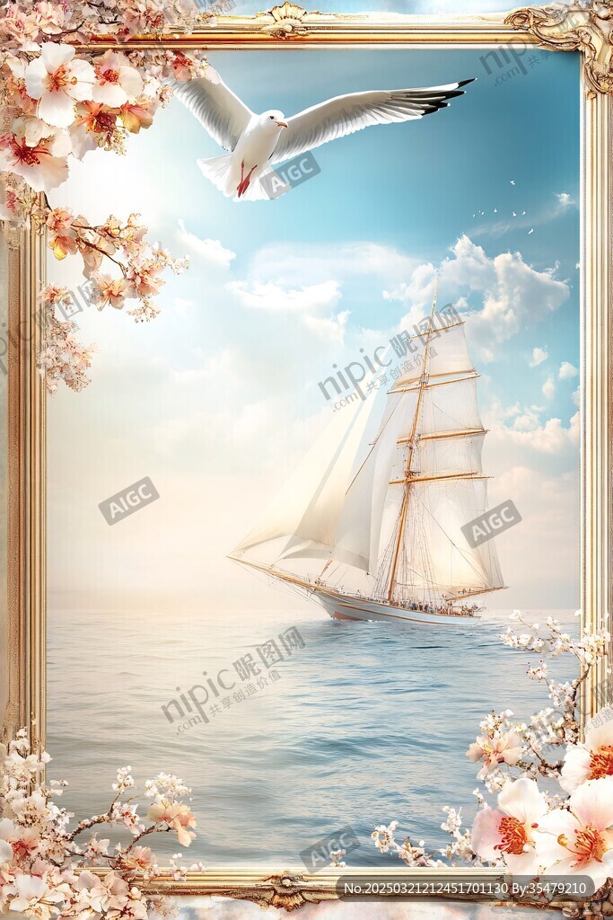 海鸥飞翔 帆船行驶 花朵环绕