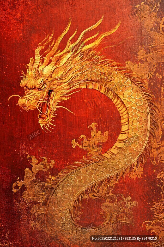 金龙腾空于红色背景