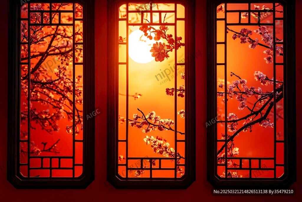橙色梅花窗影
