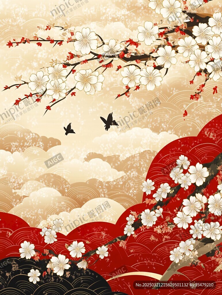 东方美学的梅花与云彩