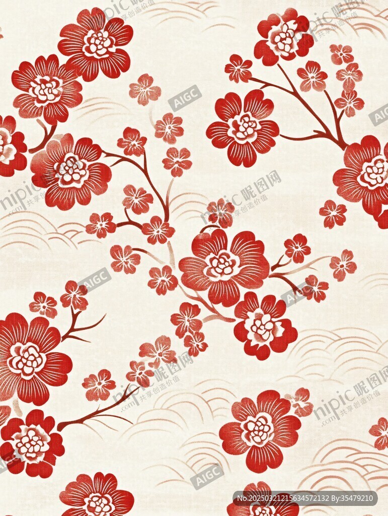 红色花朵图案的传统亚洲设计