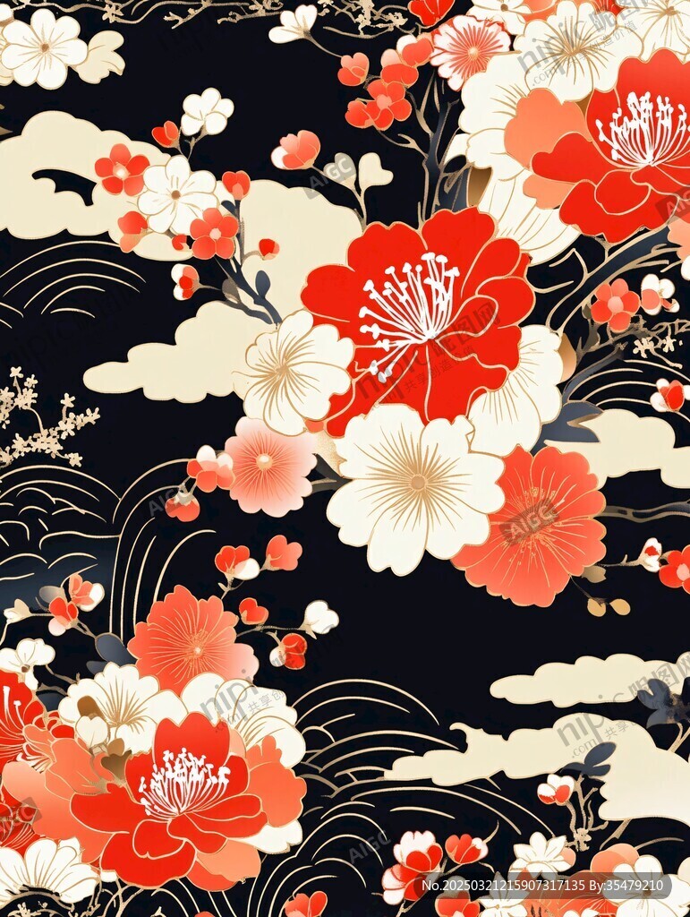 红白花卉图案