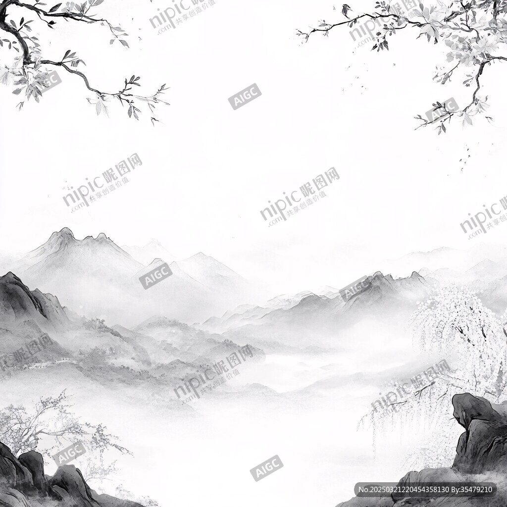 山水画中的梅花与山脉