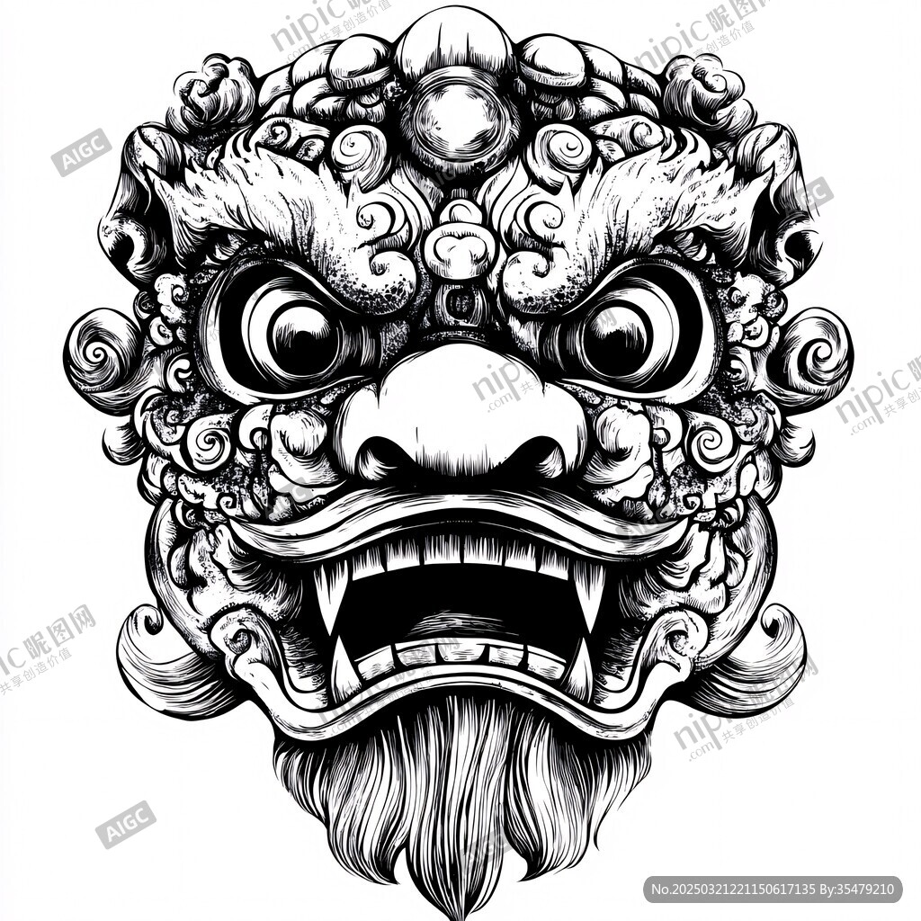 黑白线条勾勒的复杂狮子头