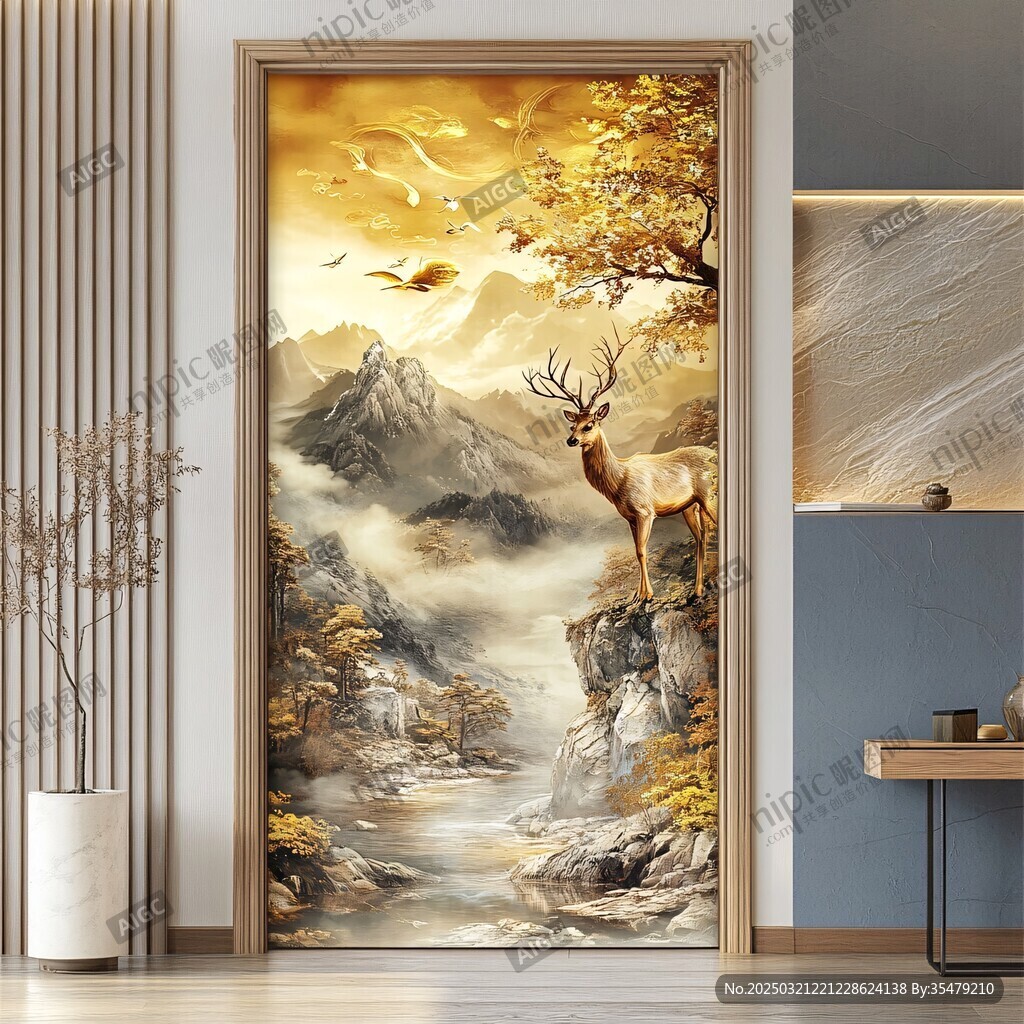 鹿角金秋山水画