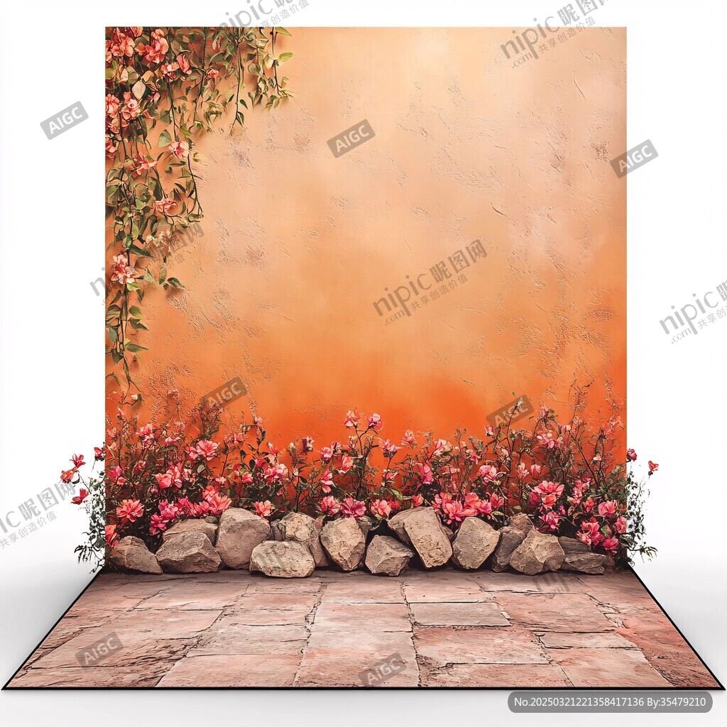 橙色墙花石板路