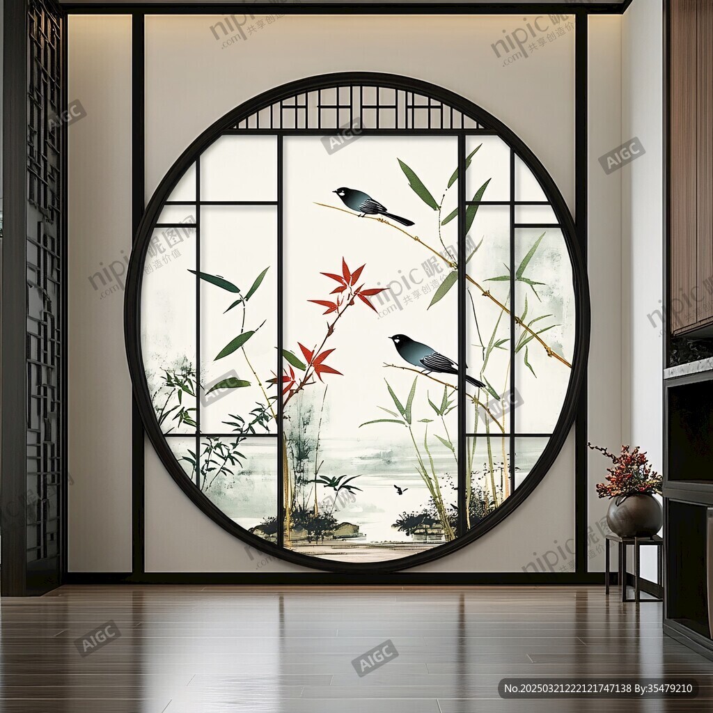 新中式圆形窗花墙纸