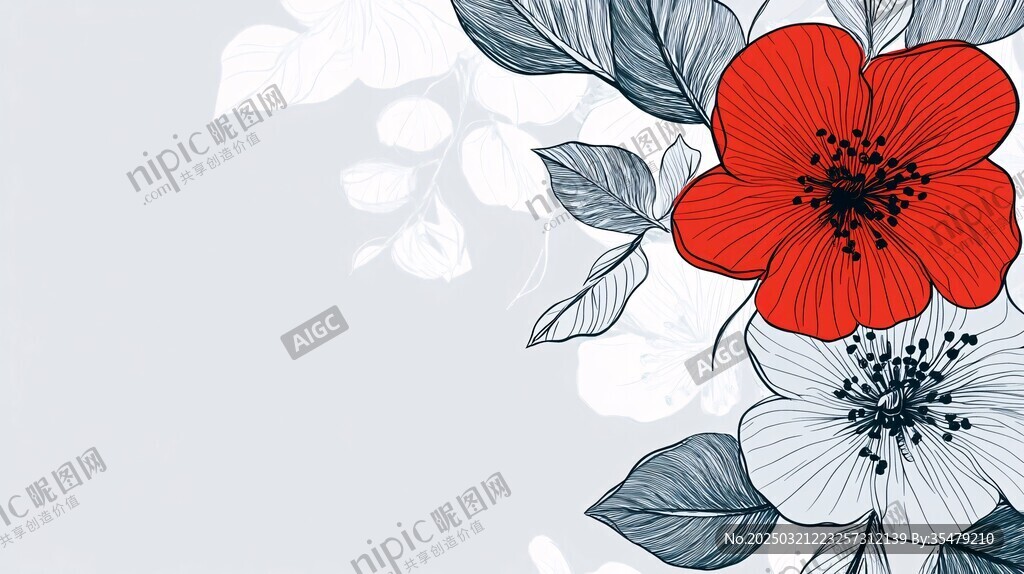 红白花卉素描
