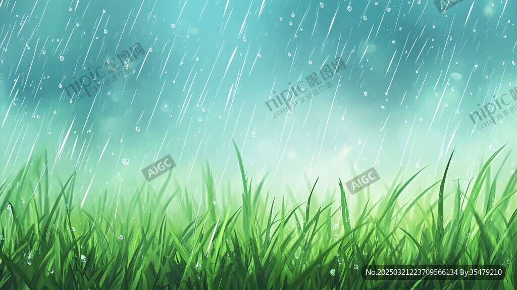 春雨中的绿色草地