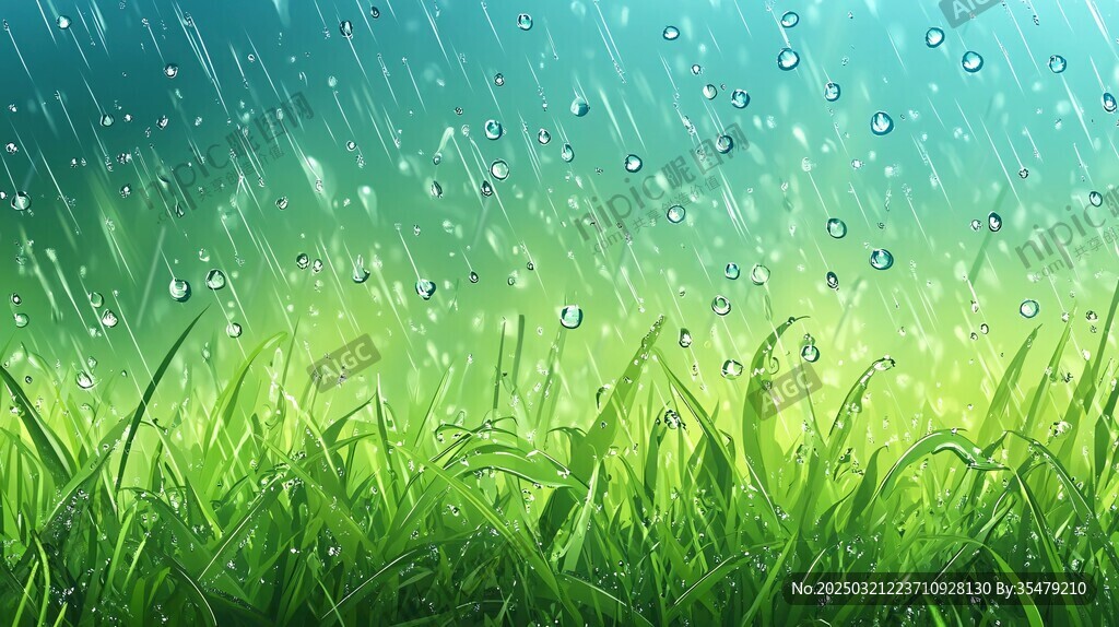 春雨中的绿草地