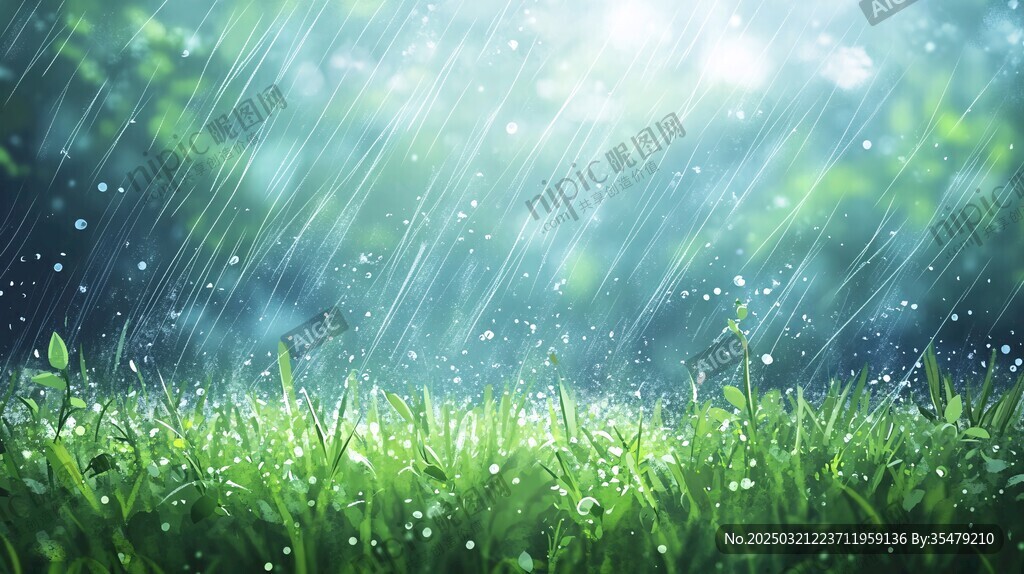 春雨中的绿色草地