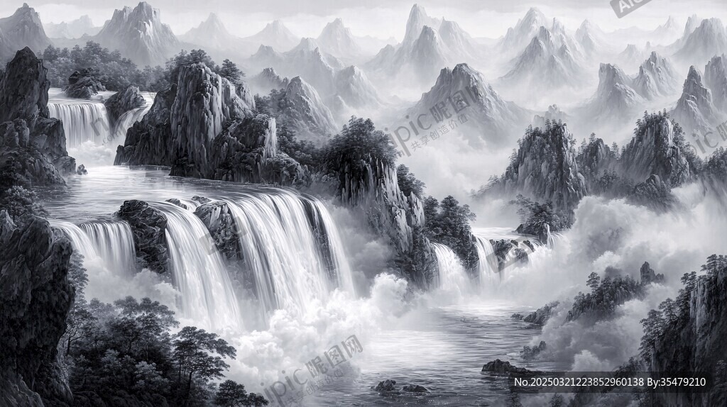 山水画中的瀑布与群山