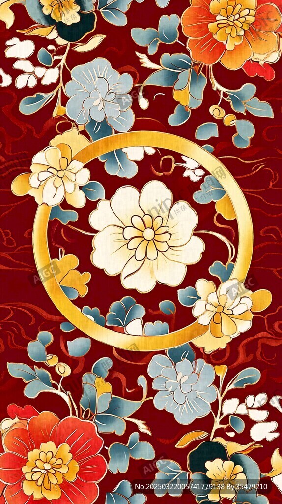 红色花卉图案与金色圆圈