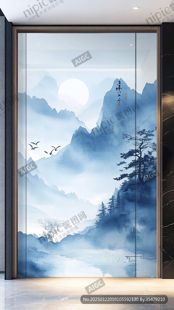 山水画风格的玻璃艺术作品