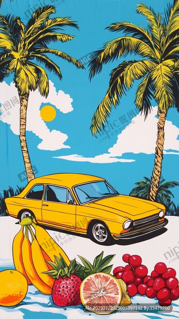阳光下的热带水果与复古汽车