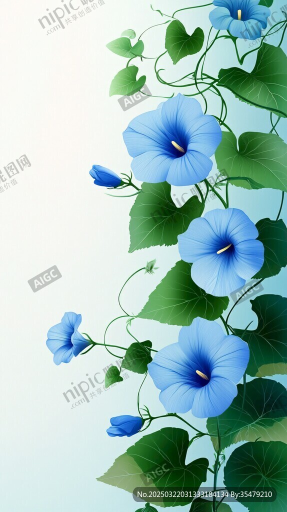 蓝色花卉与绿叶的数字艺术作品