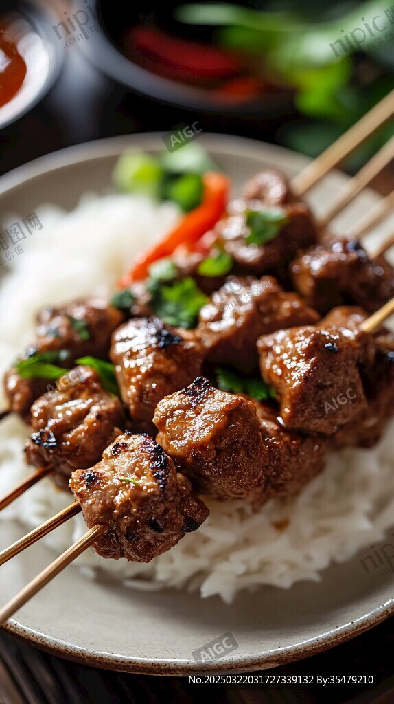 美味烤肉串 搭配香米 点缀新鲜蔬菜 享受美食盛宴