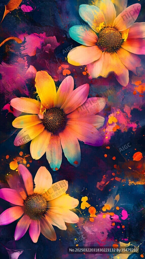 色彩斑斓的花卉抽象画