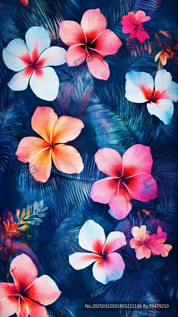热带花卉与棕榈叶的梦幻图案