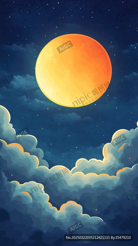 夜幕中的巨大橙色月亮