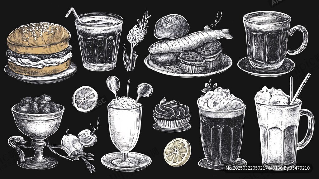 黑板上的美食和饮品插画