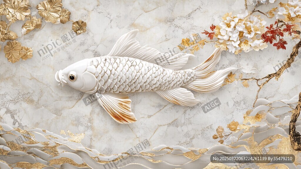 金鳞白鱼 背景花卉壁画
